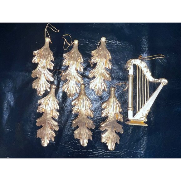 7 Gold Leaf & Harp Christmas Ornaments Victorian Style Tree 6" - Picture 2 of 9